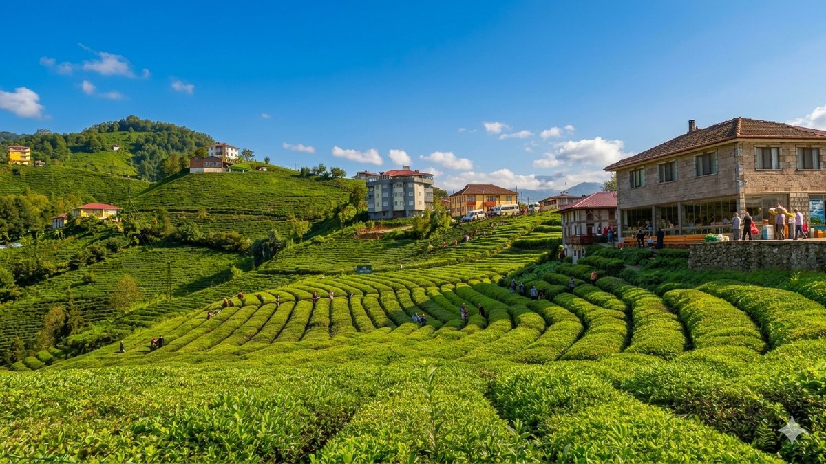 Camper con una plantación de té de fondo en Georgia