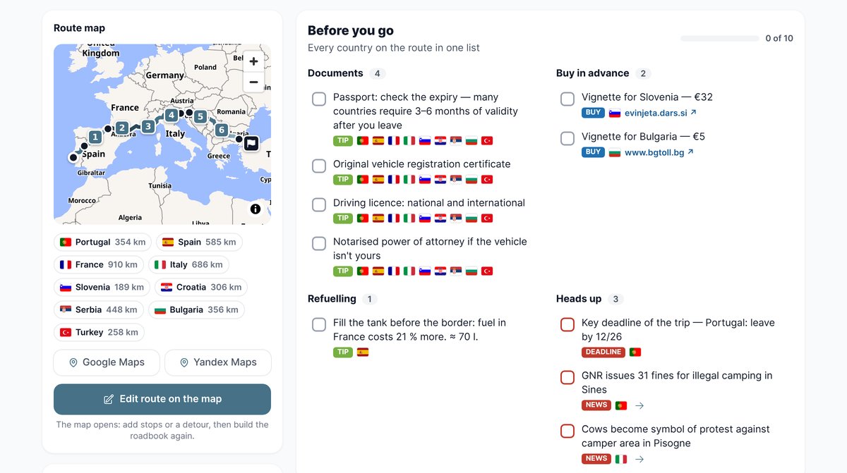 Mapa de la ruta y checklist antes de salir: documentos, viñetas para comprar con antelación, repostaje antes de la frontera, noticias