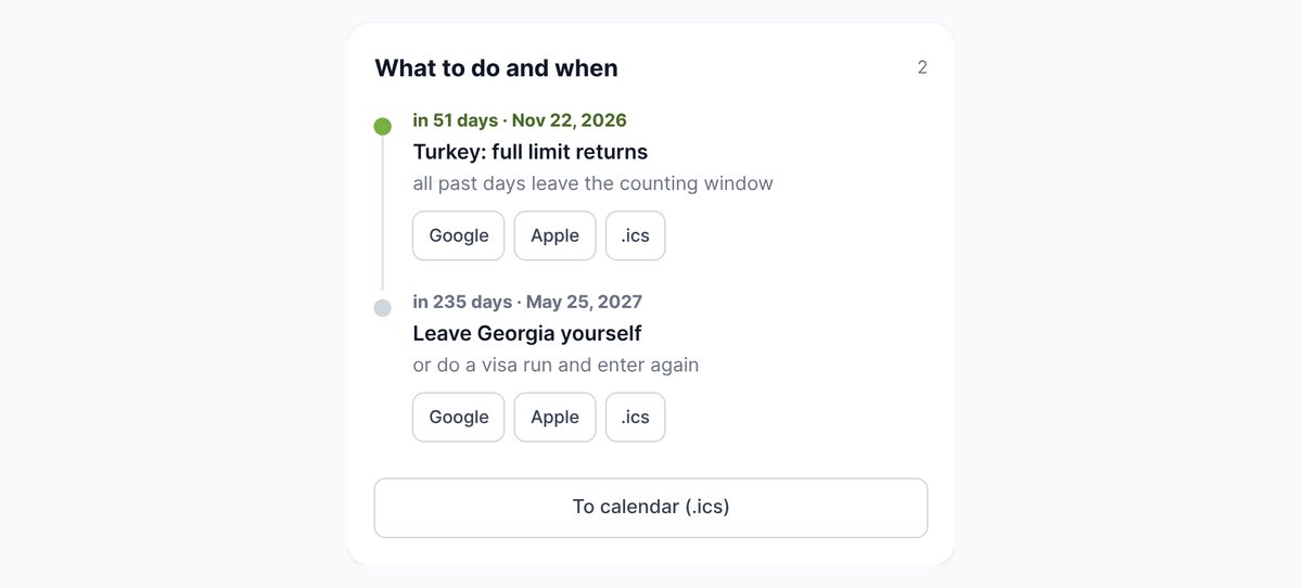 The What to do and when block: full allowance back in Turkey in 51 days, leave Georgia in 235 days; Google, Apple and .ics buttons