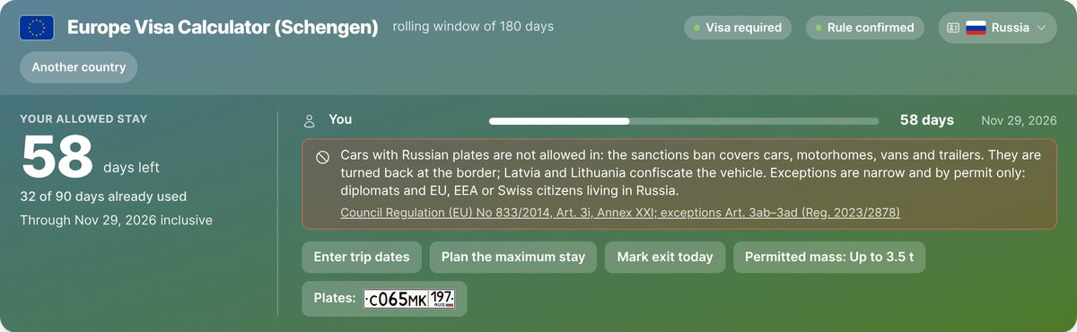 Schengen calculator: red banner about the entry ban for vehicles with Russian plates and a link to Council Regulation (EU) No 833/2014