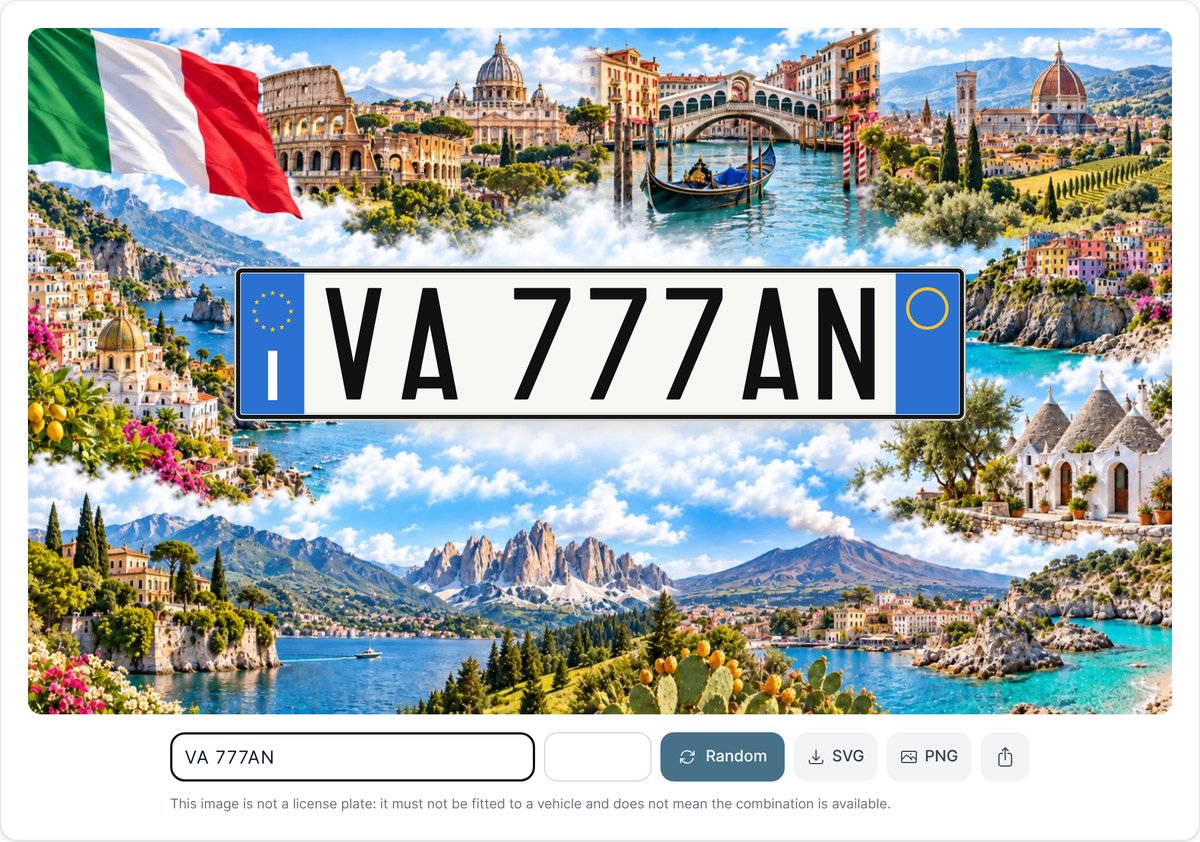 Italian plate generator with the custom text VA 777AN over a collage of Italy, with SVG, PNG and Share buttons