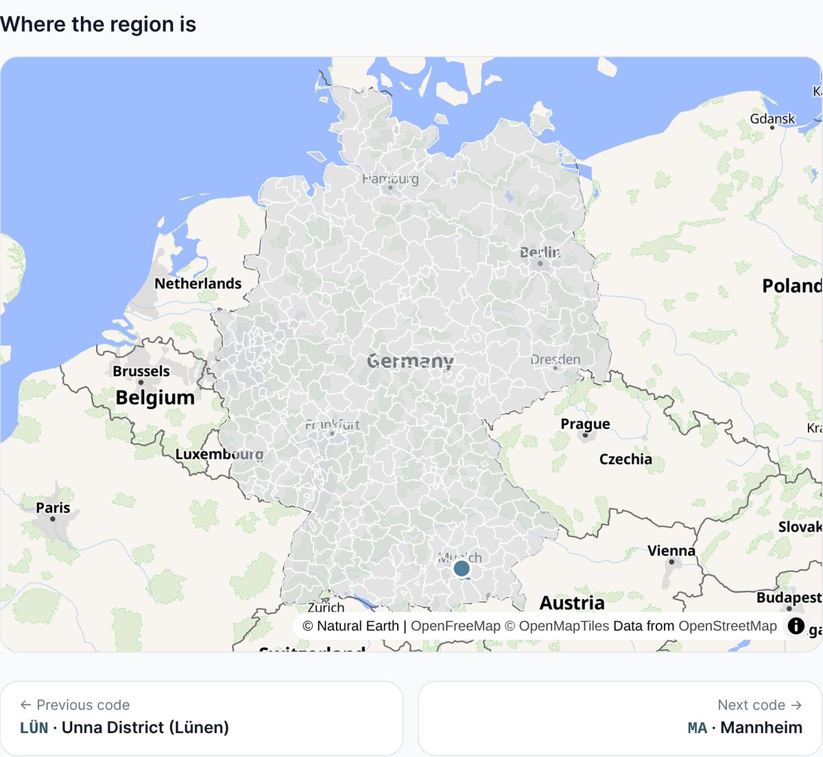 Map of German regions with Munich marked on the page for code M
