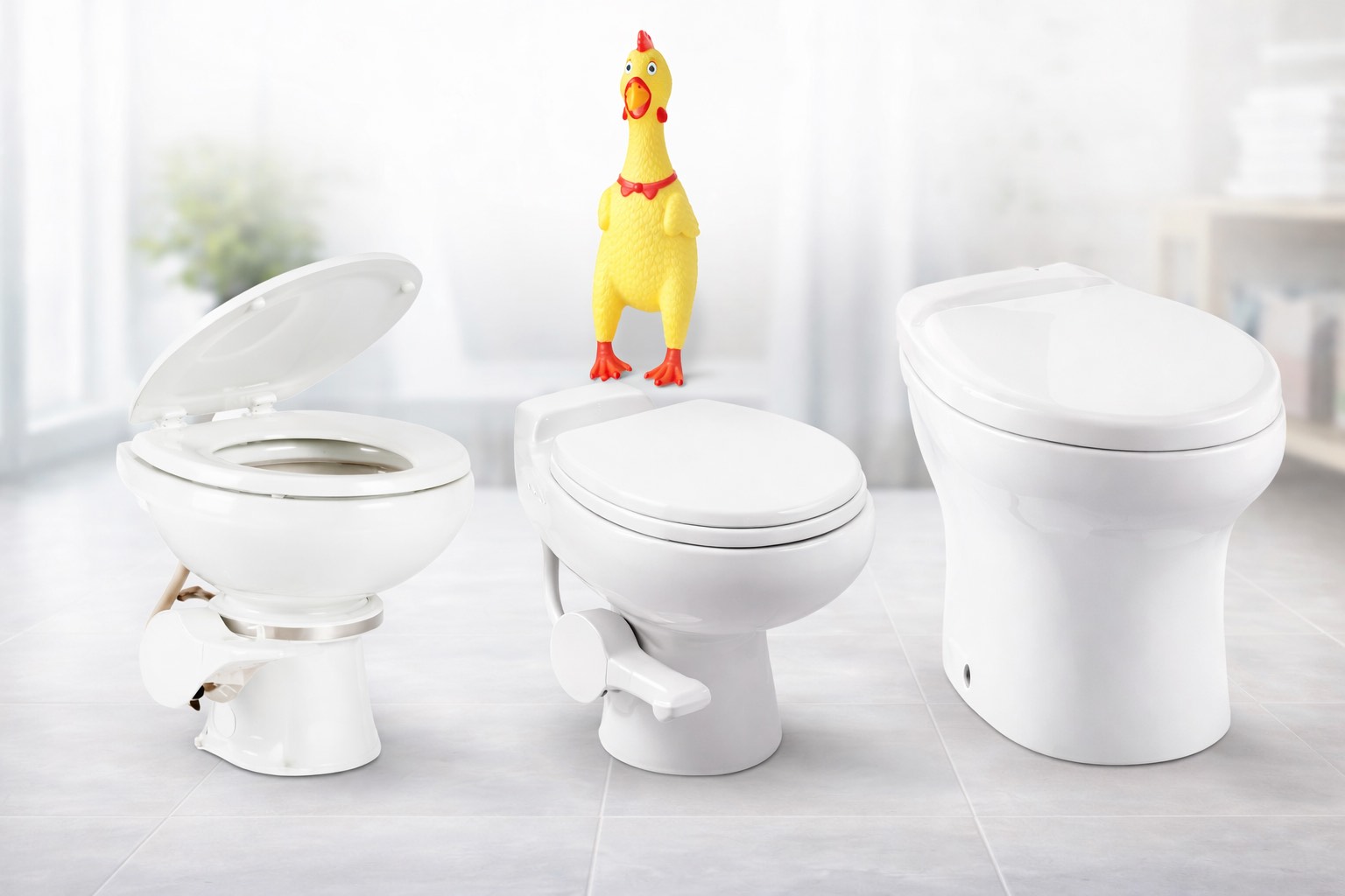 Gravity flush toilet with pedal flush in an American RV